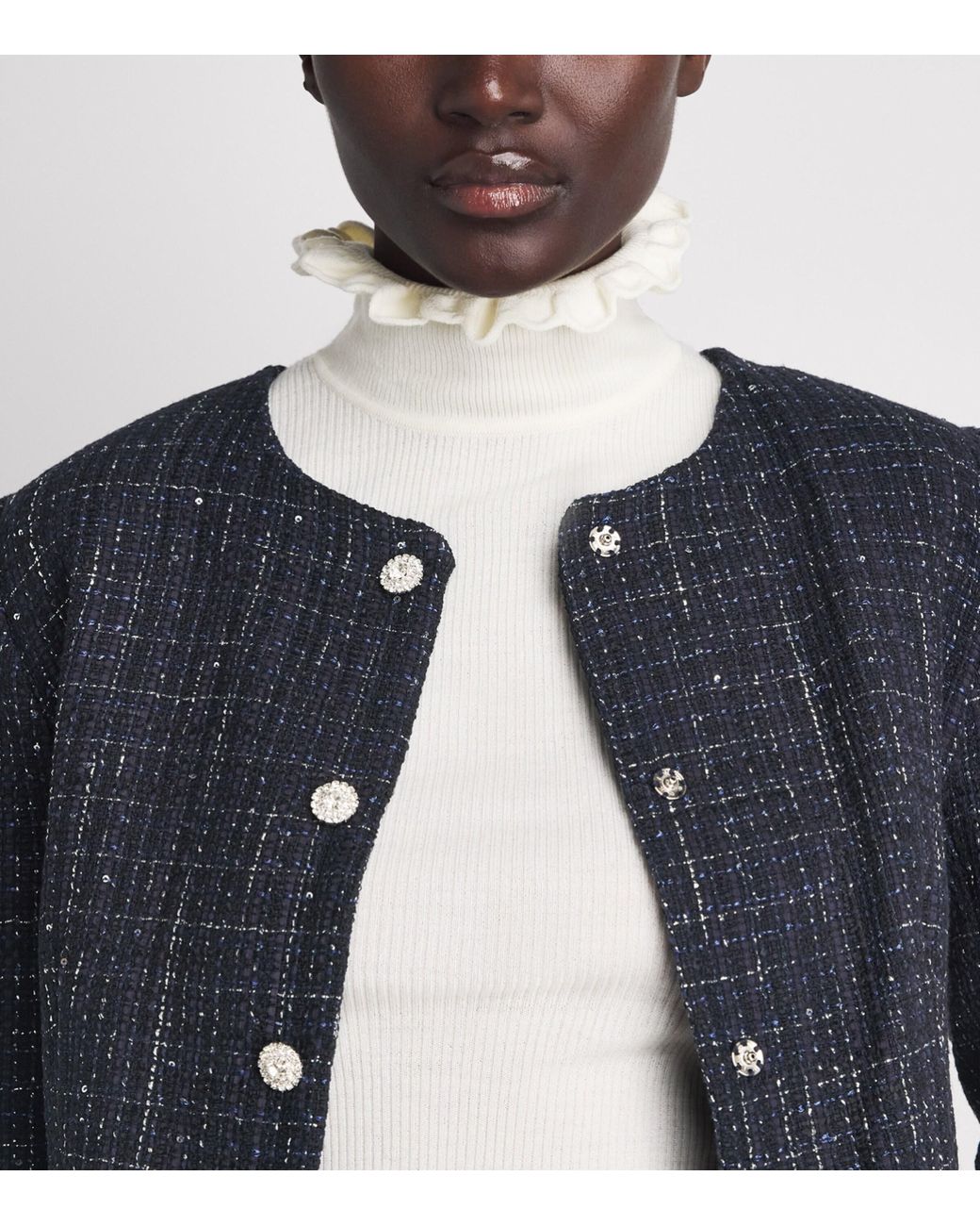 Sandro Blue Tweed Sequinned Cropped Jacket