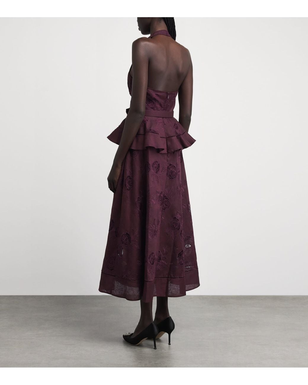 Self-Portrait Purple Linen-Cotton Embroidered Midi Dress