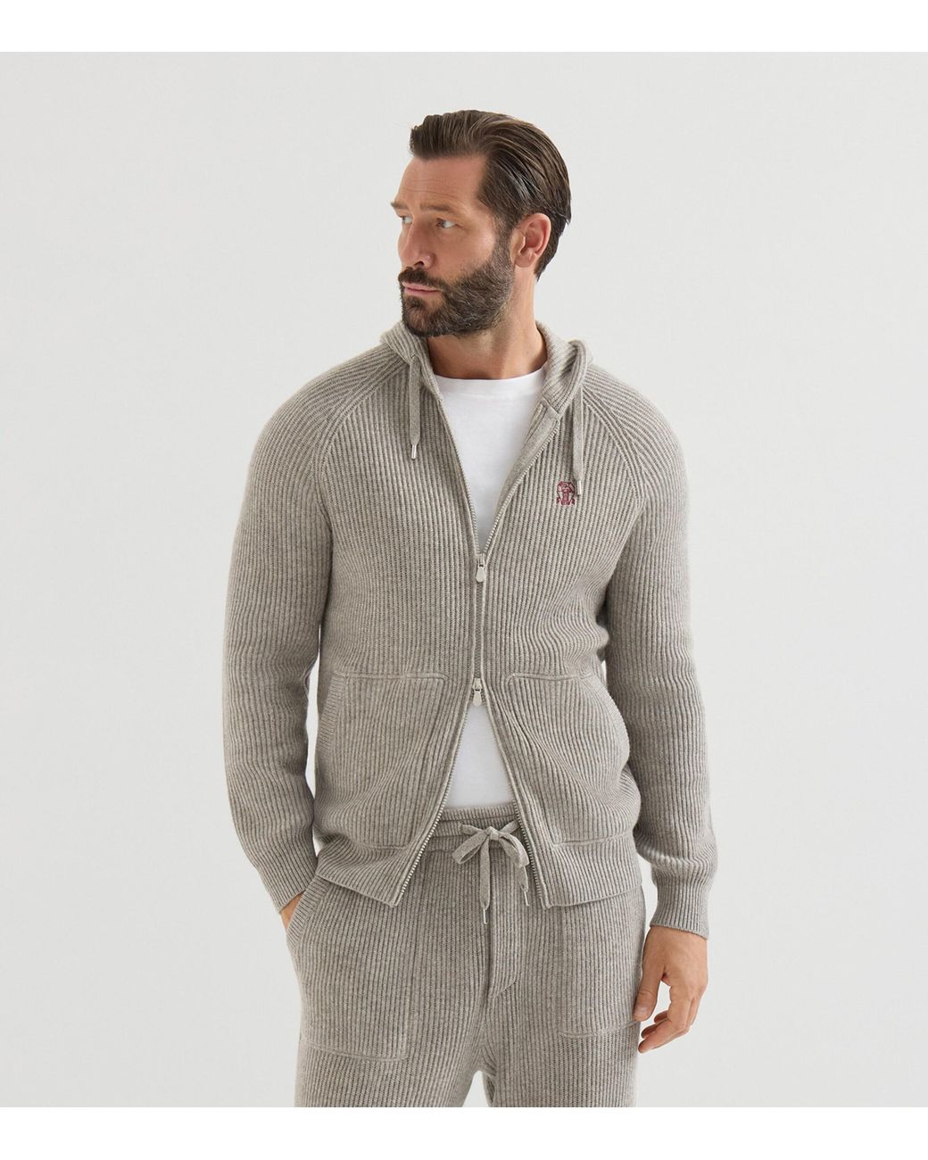 Brunello Cucinelli Gray Cashmere Rib-Knit Zip-Up Cardigan for men