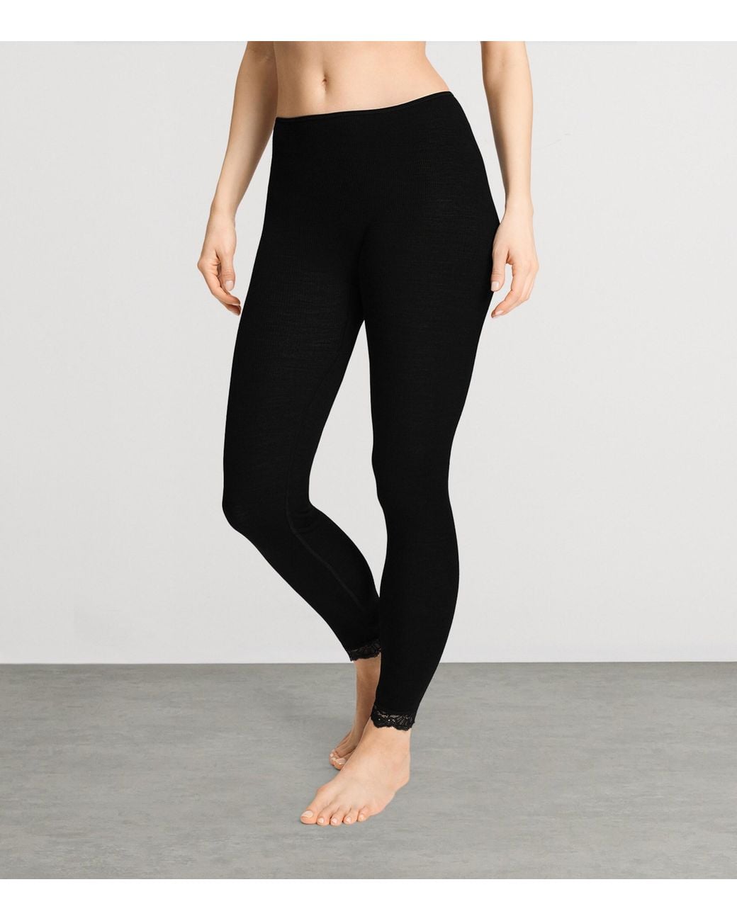 Hanro Black Wool-Silk Lace-Hem Leggings