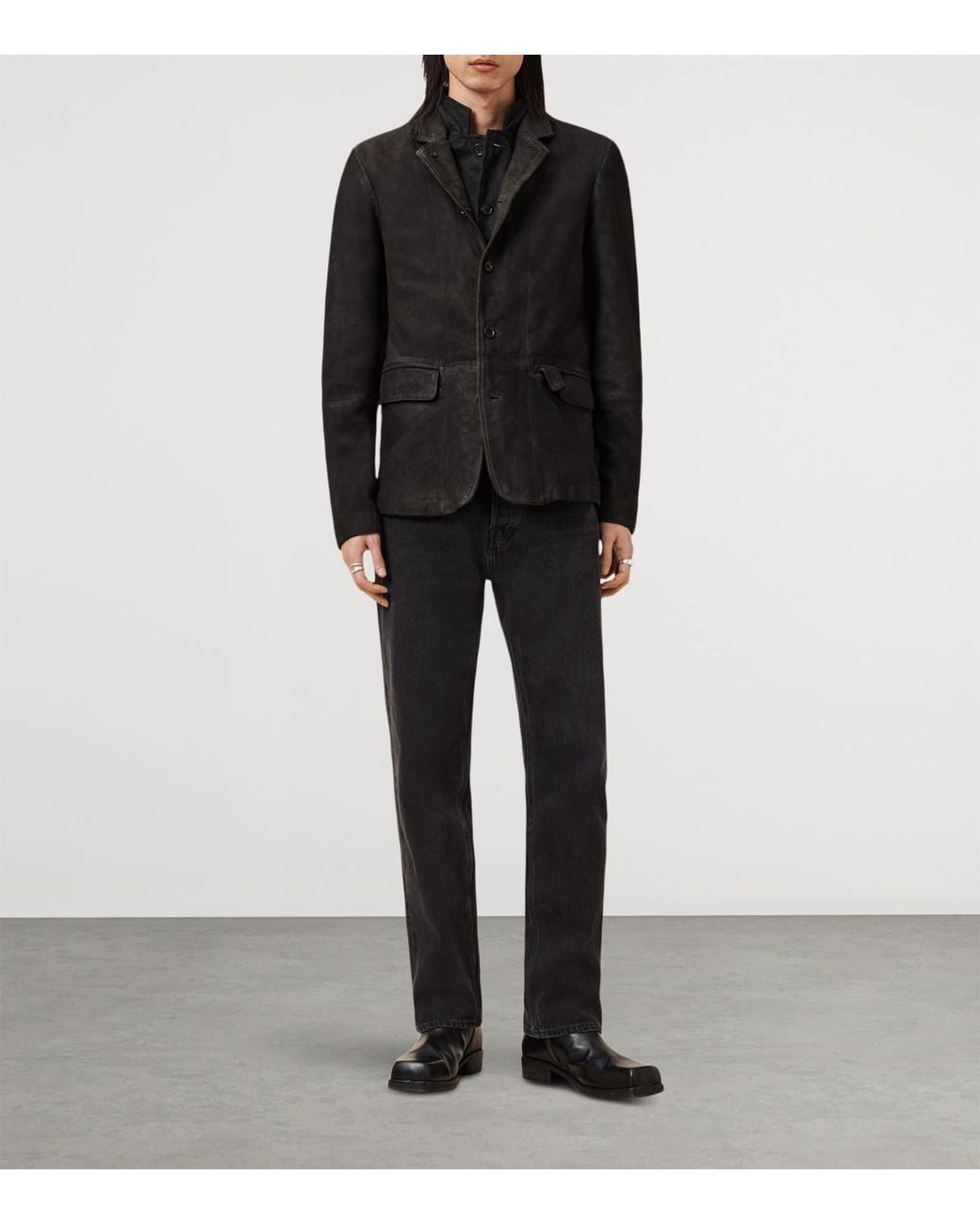 AllSaints Black Leather Survey Blazer for men