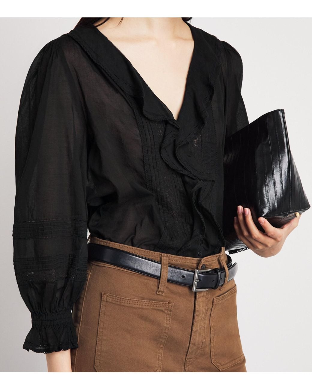 ME+EM Black Cotton Voile Ruffle Blouse