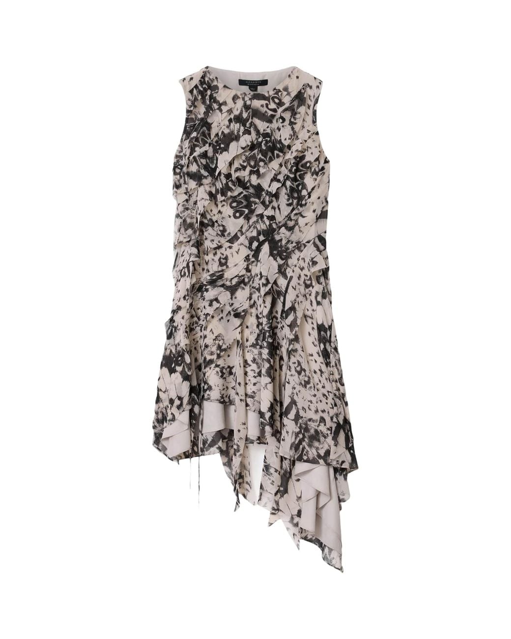 AllSaints White Ruffled Asymmetric Angie Midi Dress
