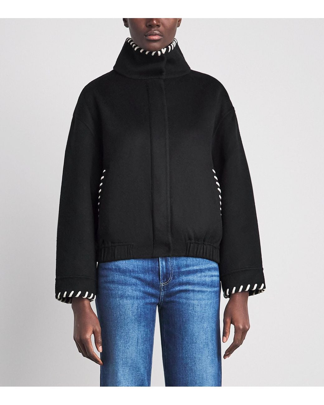 Sandro Black Wool Topstitch Stand-Collar Jacket