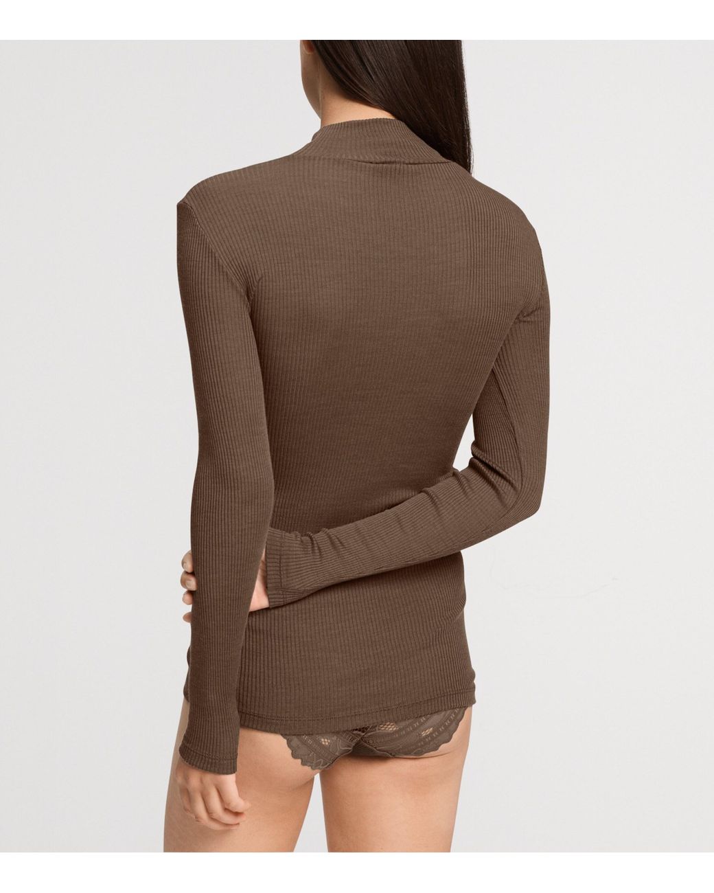 Hanro Brown Wool-Silk Funnel-Neck Top