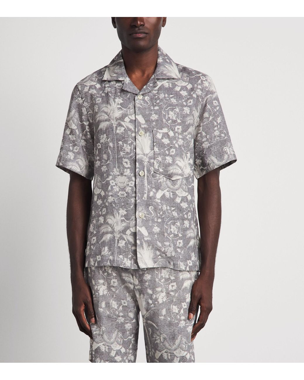 Eleventy Gray Linen Printed Bowling Shirt for men