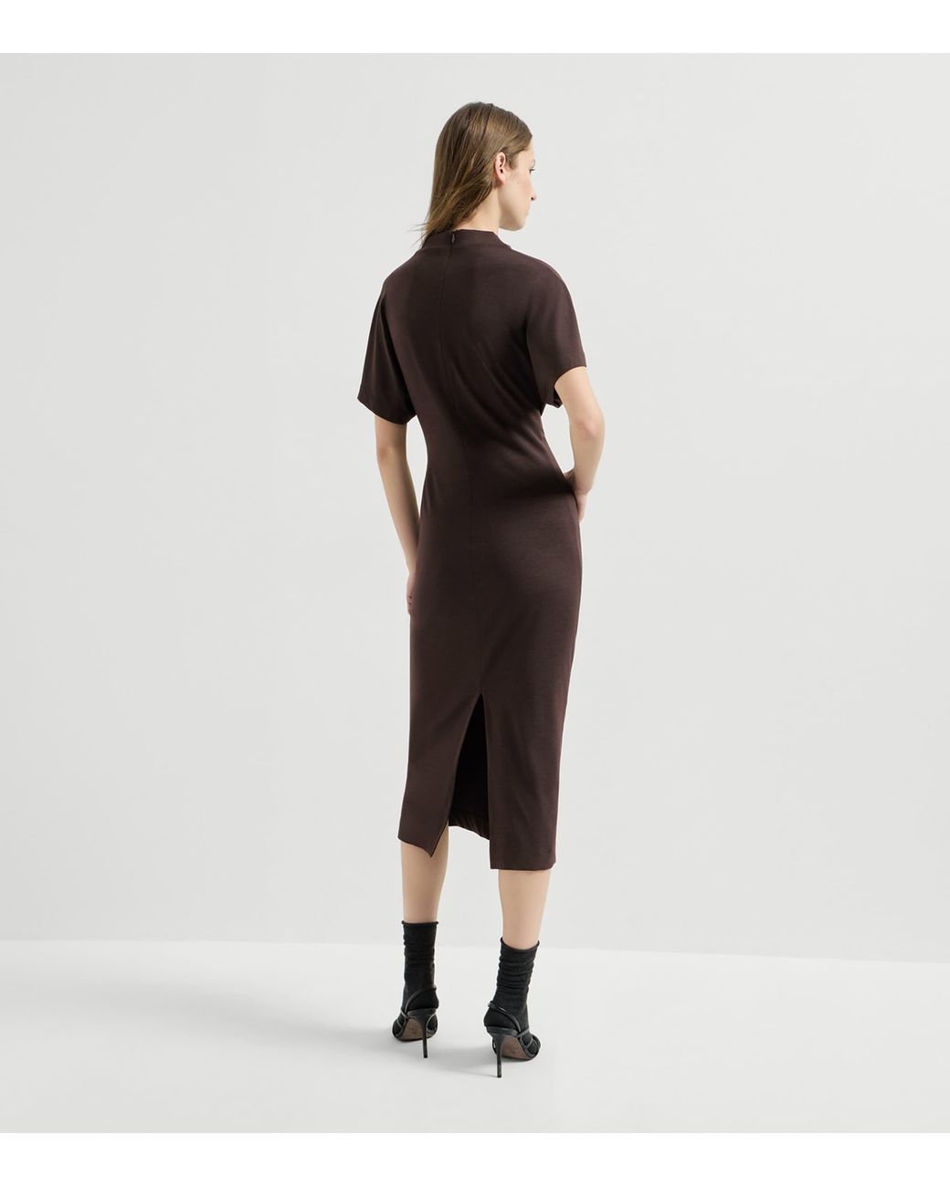 Brunello Cucinelli Brown Wool-Blend Belted Midi Dress
