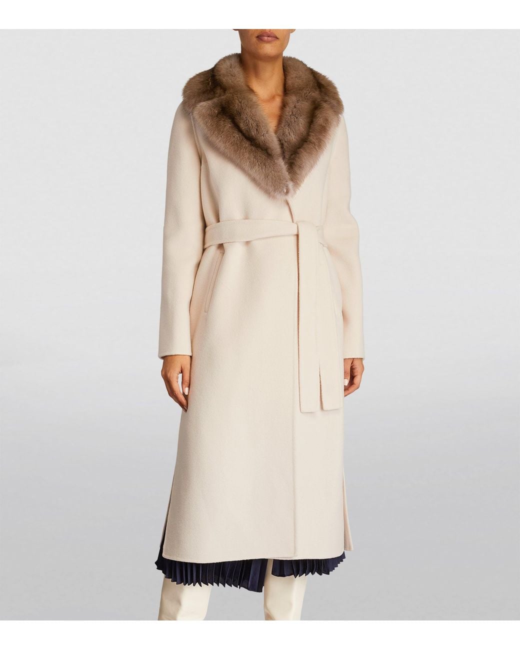 Yves Salomon Natural Wool-Cashmere Sable-Trim Coat