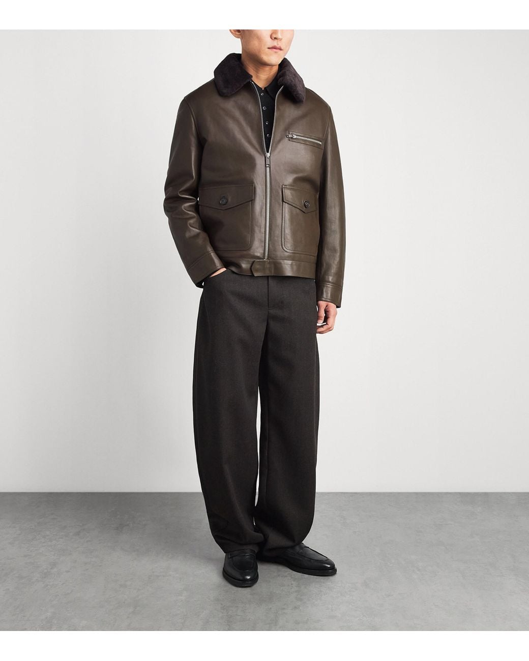 Yves Salomon Brown Shearling-Collar Leather Aviator Jacket for men