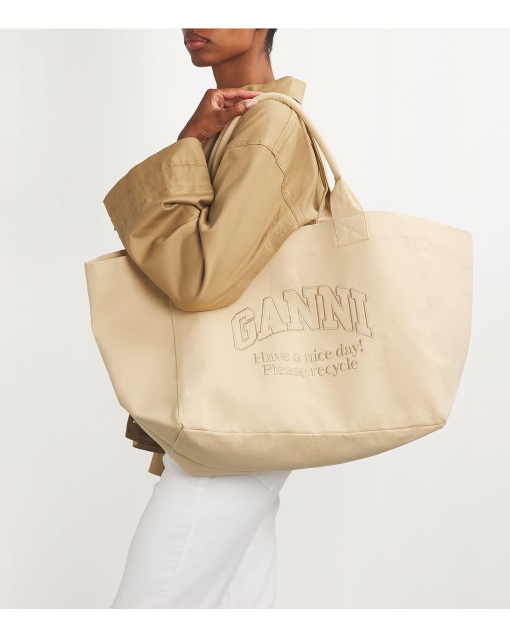 Ganni Canvas Logo Oversized Tote Bag in Natural Lyst