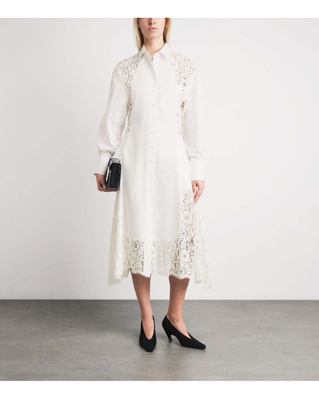 Stella McCartney White Organic Cotton Lace-Panel Midi Shirt Dress