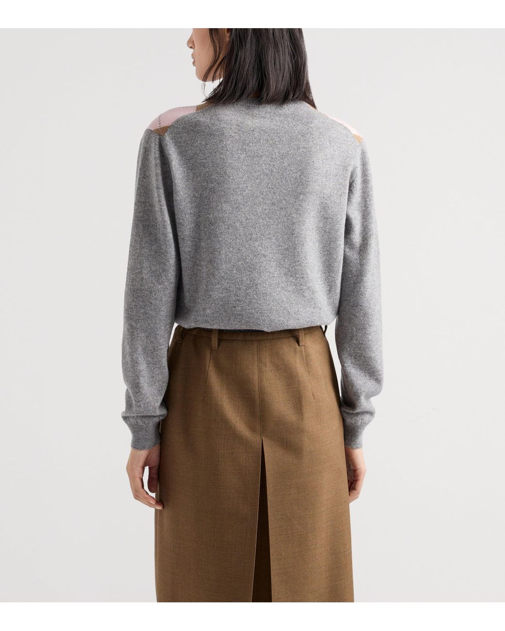 Prada Gray Cashmere Argyle V-Neck Sweater