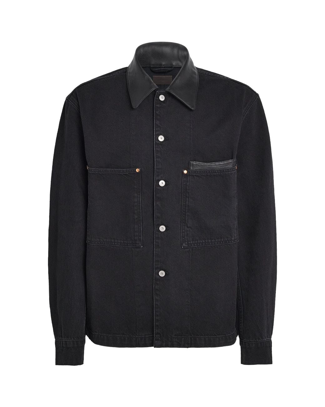 Lemaire Black Leather-Collar Workwear Denim Overshirt for men