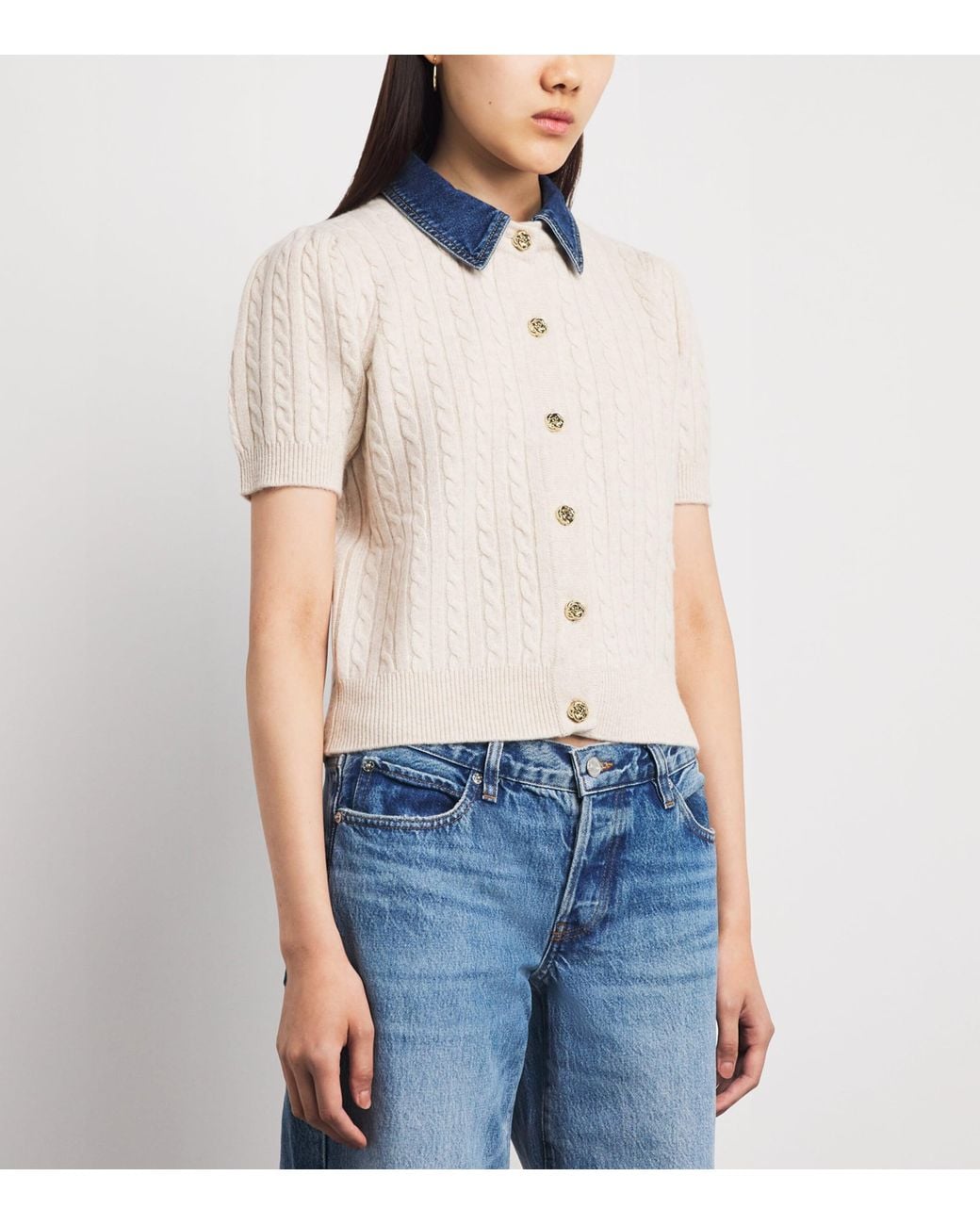 Sandro White Wool-Cashmere Denim-Collar Cardigan