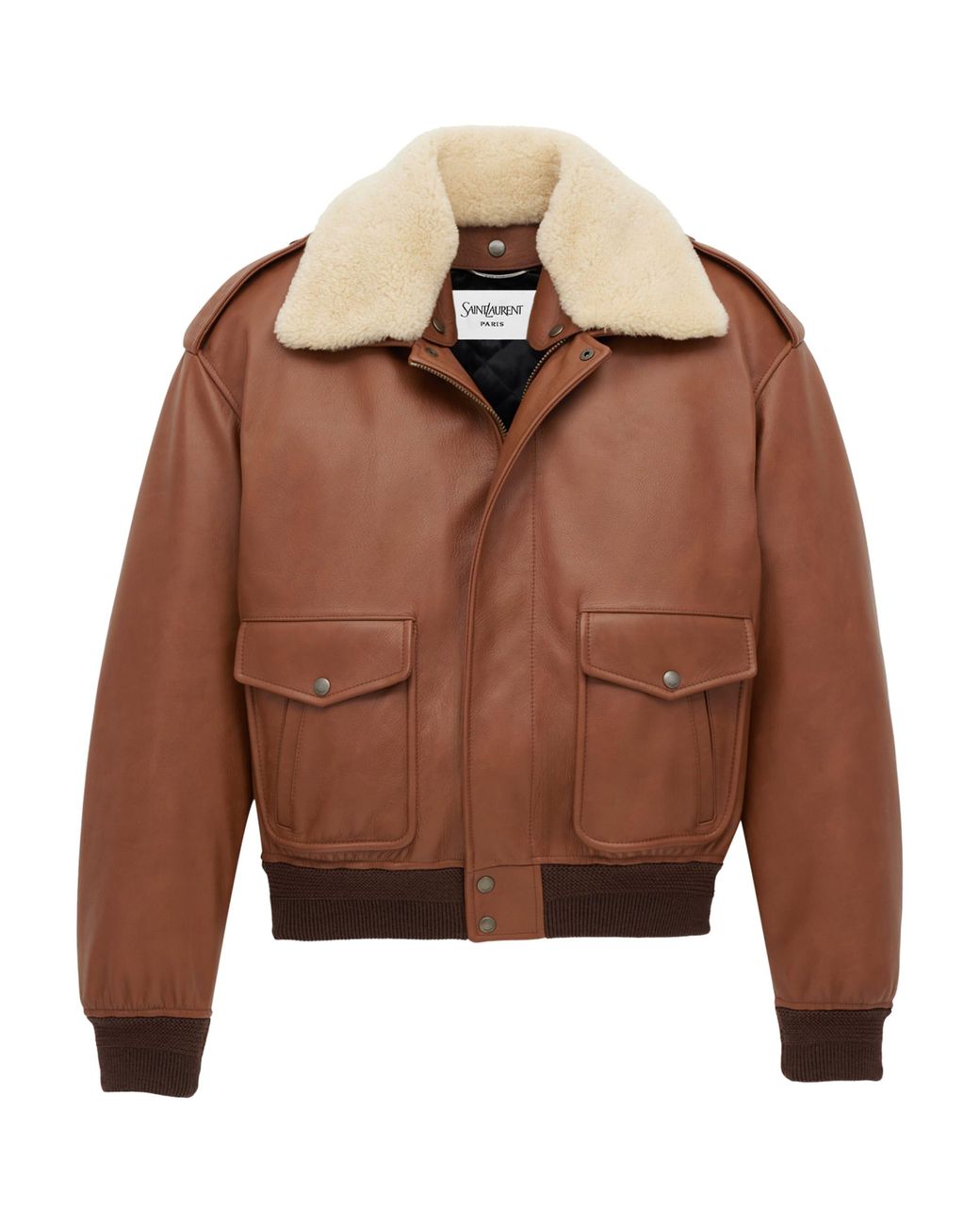 Saint Laurent Brown Shearling Collar Leather Jacket