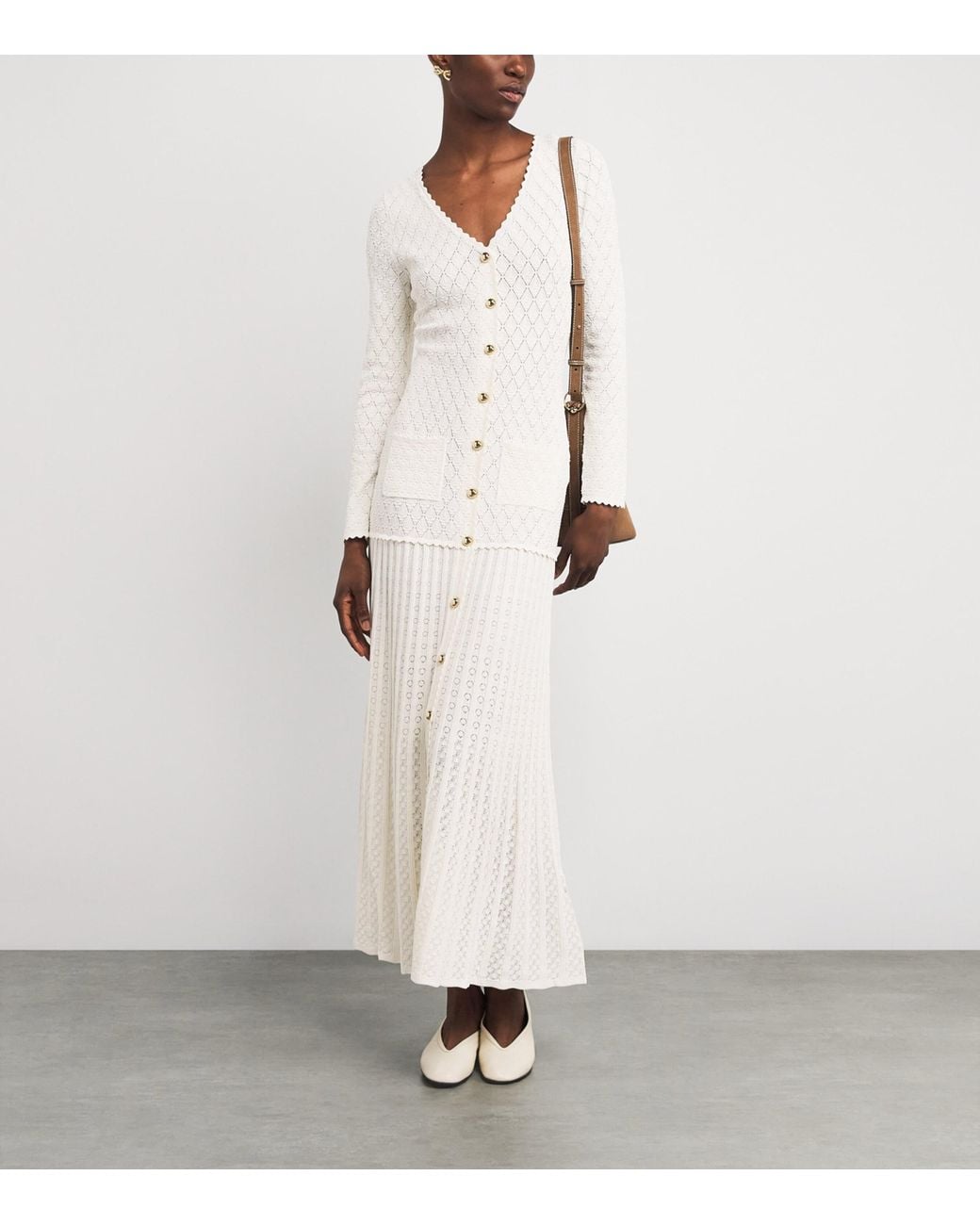 Sandro White Knit V-Neck Midi Dress