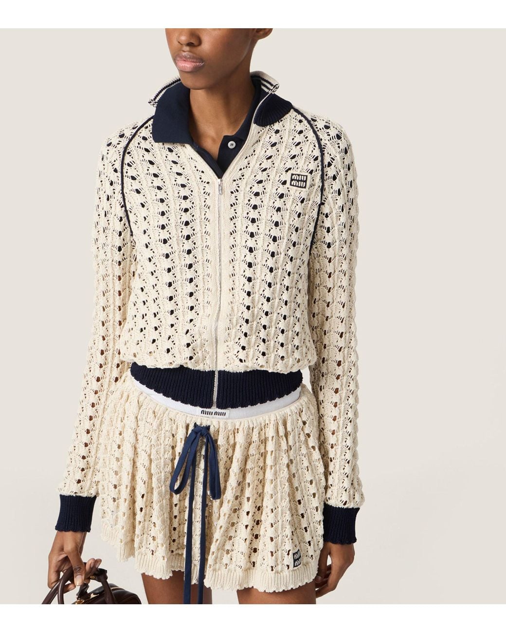 Miu Miu Natural Cotton Openwork-Knit Mini Skirt