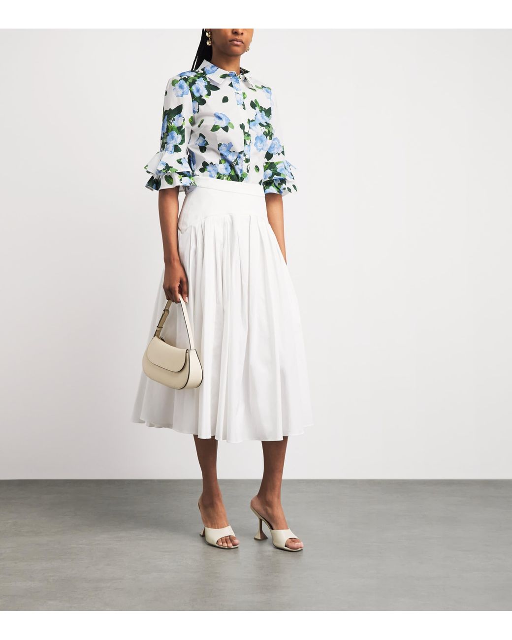 Carolina Herrera Blue Rose Print Ruffle-Sleeve Shirt