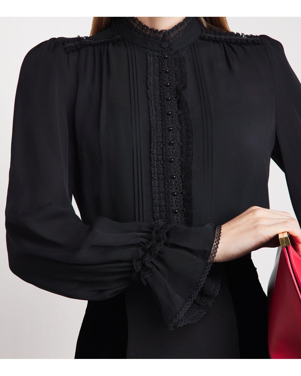ME+EM Black Silk Lace-Trim Blouse