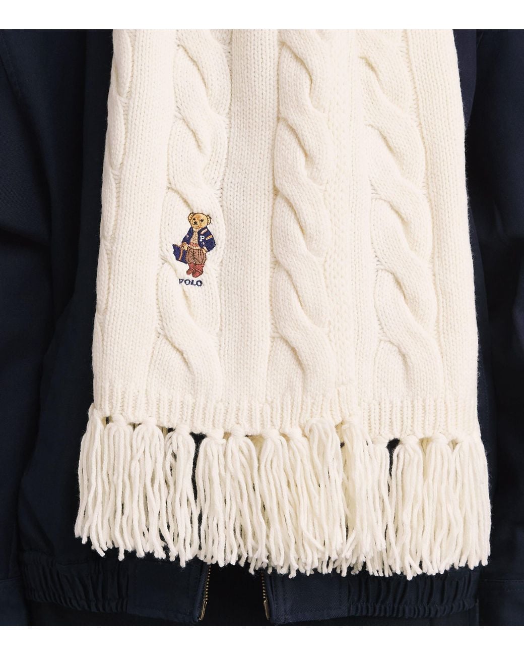 Polo Ralph Lauren White Wool-Blend Cable-Knit Bear Scarf