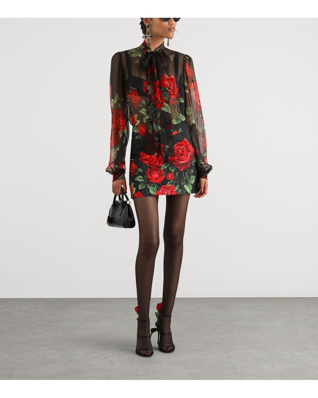 Dolce & Gabbana Brown Silk Rose-Print Pussybow Shirt