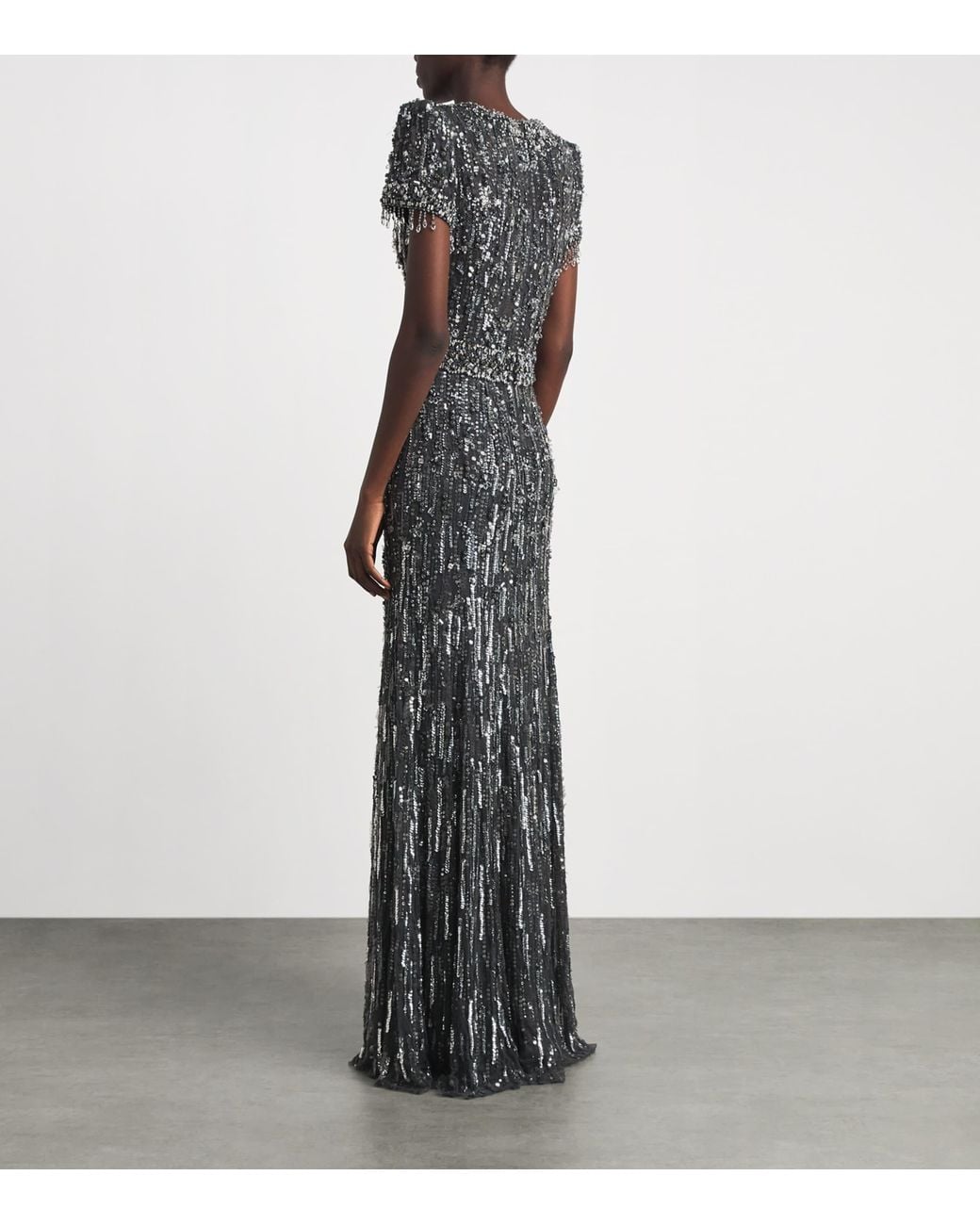 Jenny Packham Gray Short-Sleeve Rhinestone Maxi Dress