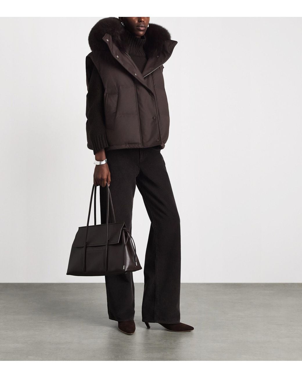 Yves Salomon Brown Virgin Wool-Silk Fox Trim Gilet