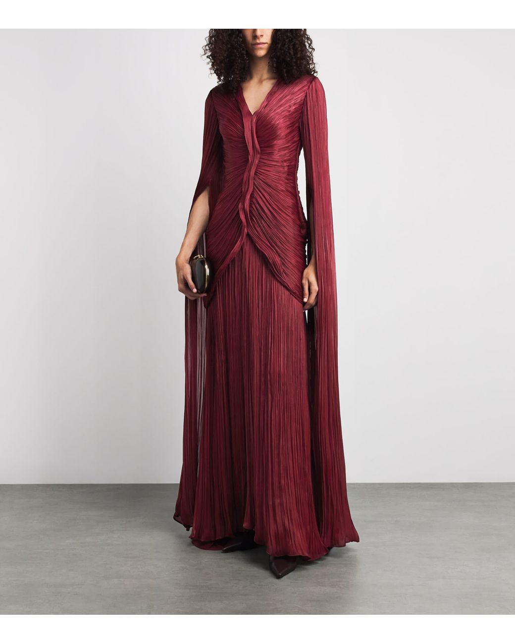 Marmar Halim Red Satin Pleated Cape Gown