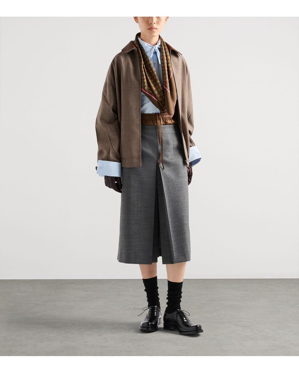 Prada Brown Wool Houndstooth Leather-Collar Jacket