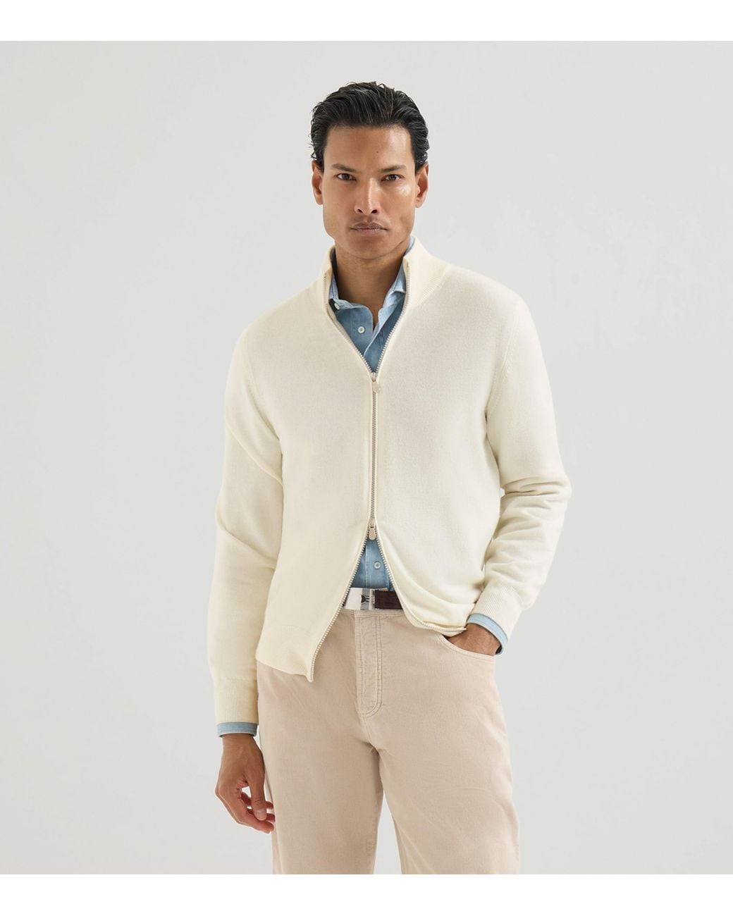 Brunello Cucinelli White Cashmere Zip-Up Cardigan for men
