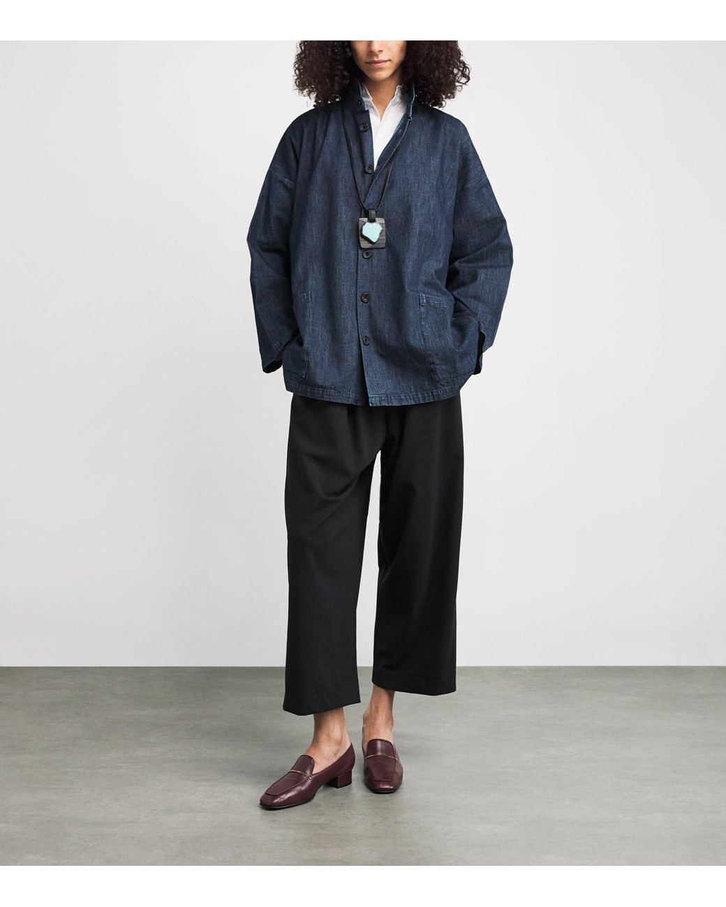 Eskandar Blue Denim Double Stand-Collar Shirt