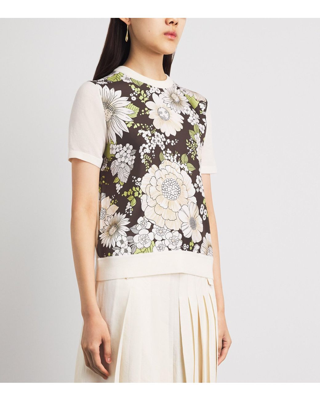 Tory Burch White Silk-Wool Floral T-Shirt