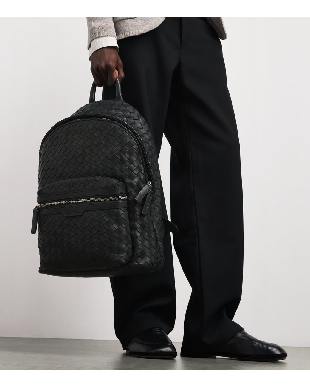 Officine Creative Black Leather Woven Armor Backpack for men