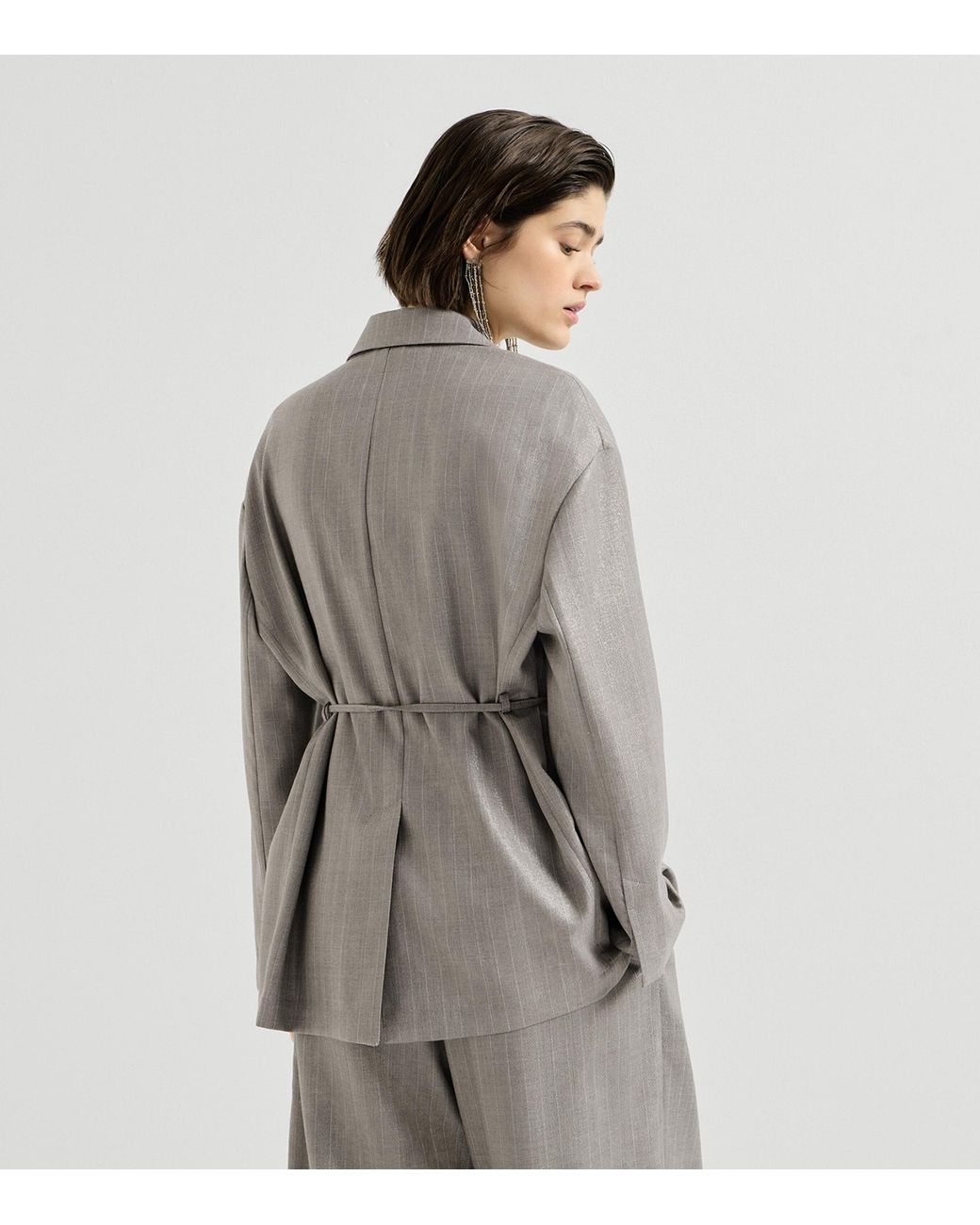 Brunello Cucinelli Gray Virgin Wool-Blend Pinstripe Monili Blazer