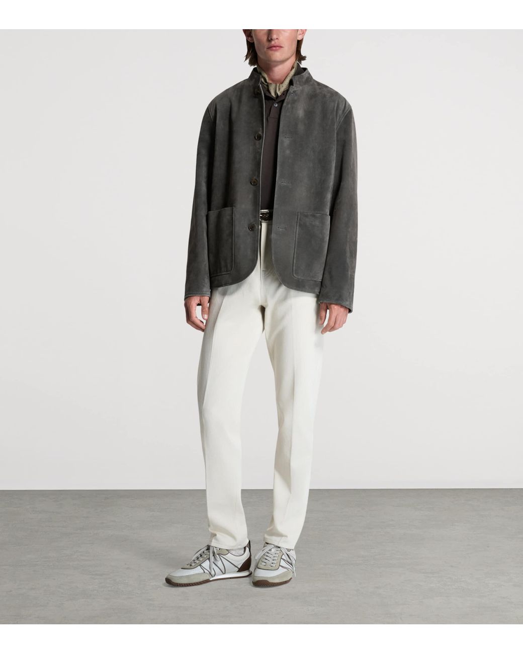 Dunhill Gray Leather Mandarin-Collar Jacket for men