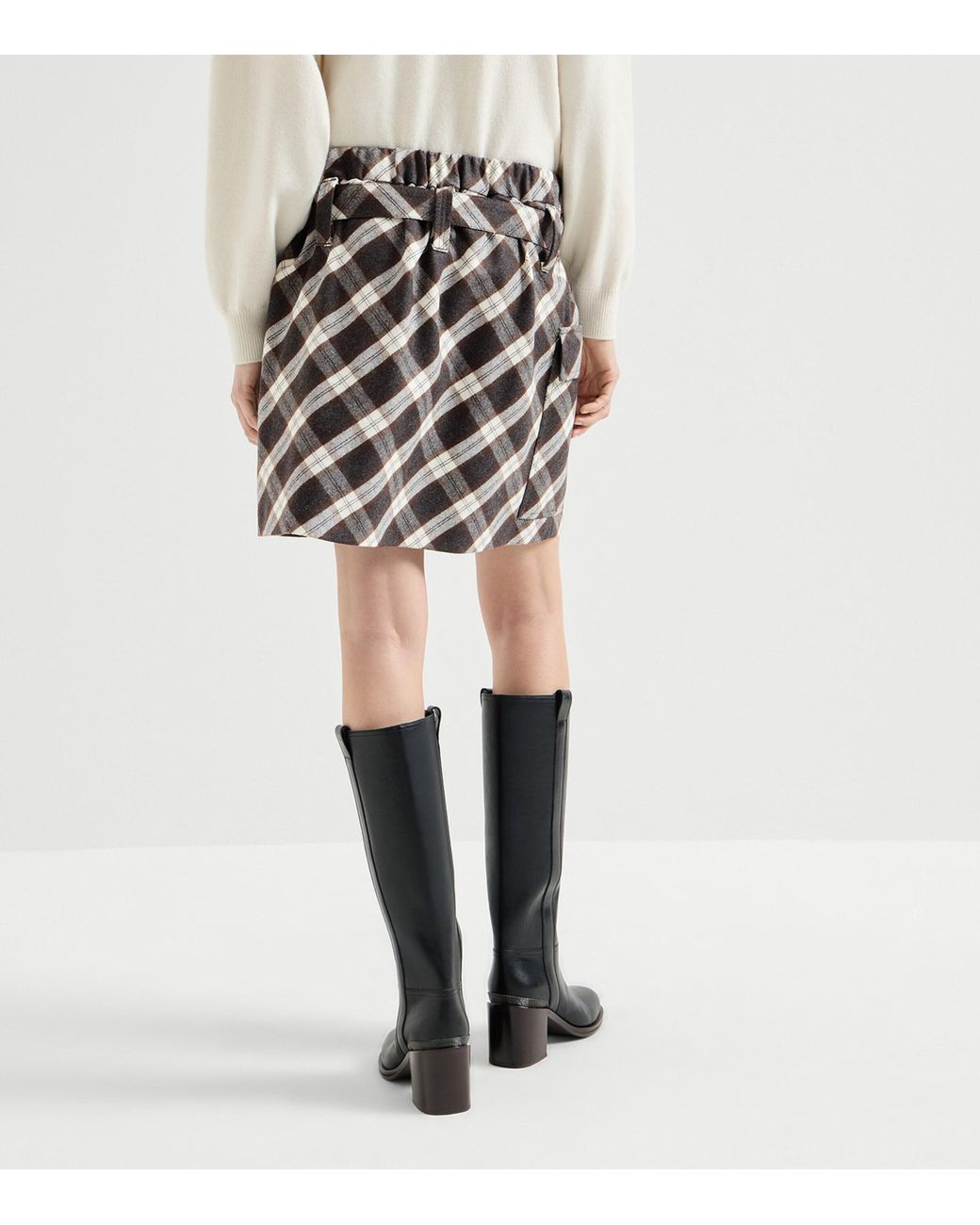 Brunello Cucinelli Gray Virgin Wool-Blend Check Mini Skirt