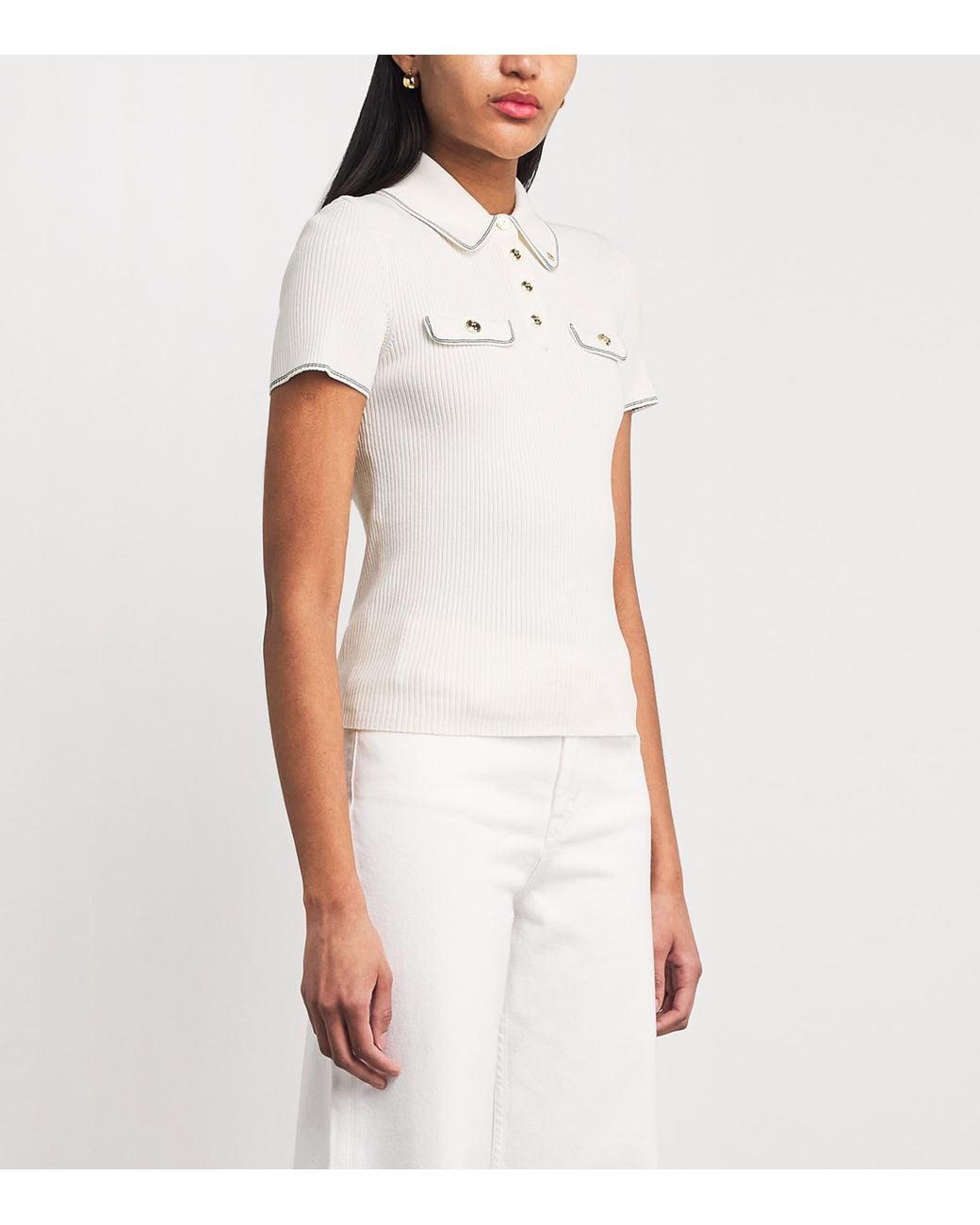 Maje White Rib-Knit Polo Shirt