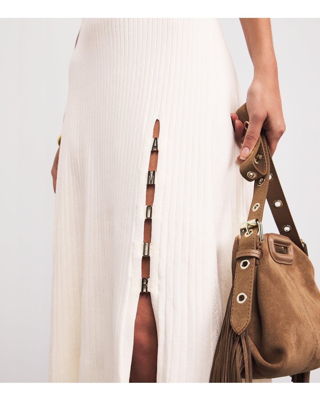 Maje White Rib-Knit Midi Dress