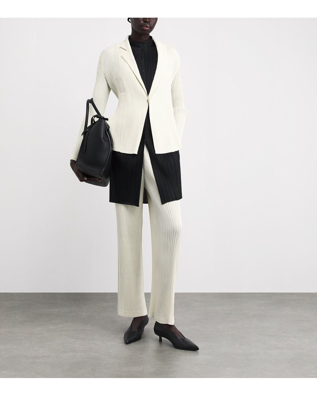 Issey Miyake White Hatching Pleats Straight Leg Trousers