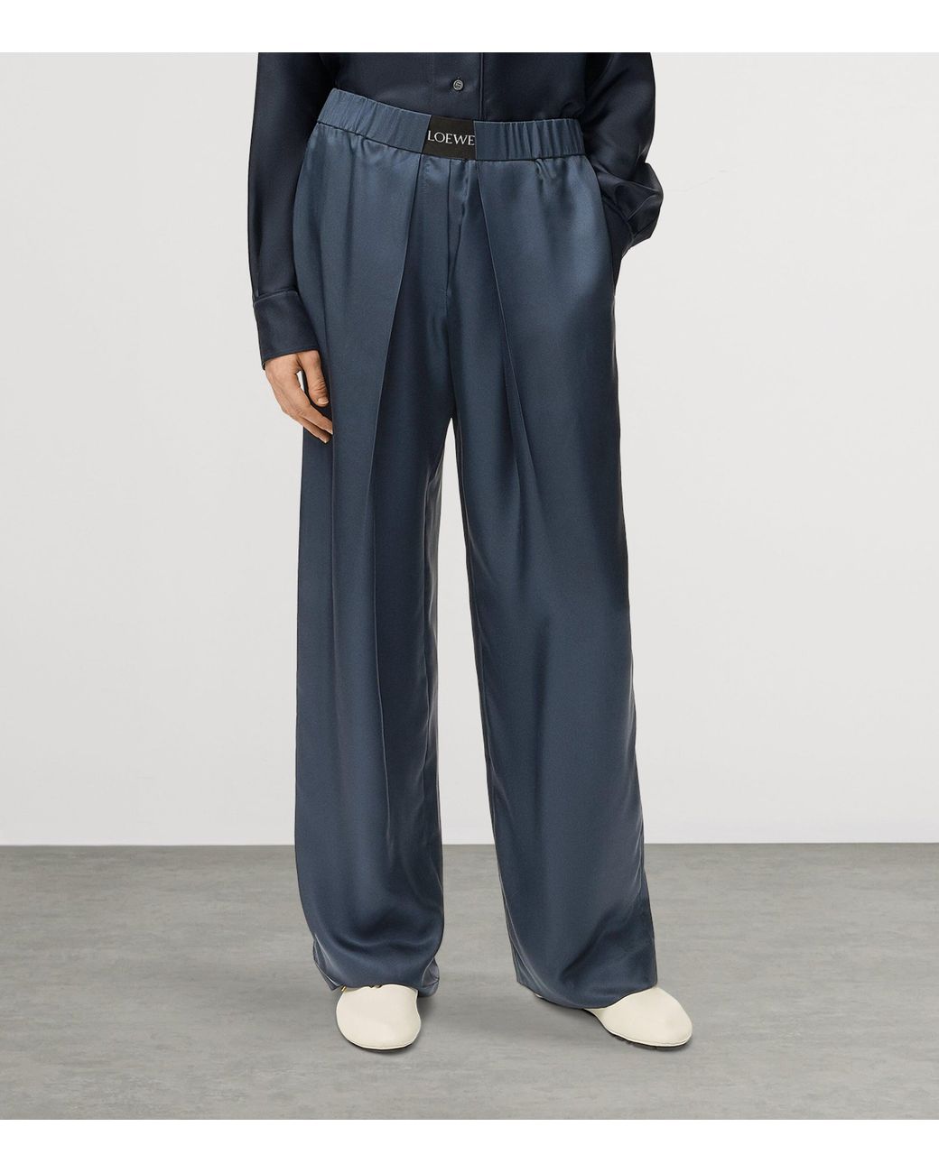 Loewe Blue Silk-Blend Logo Waistband Trousers