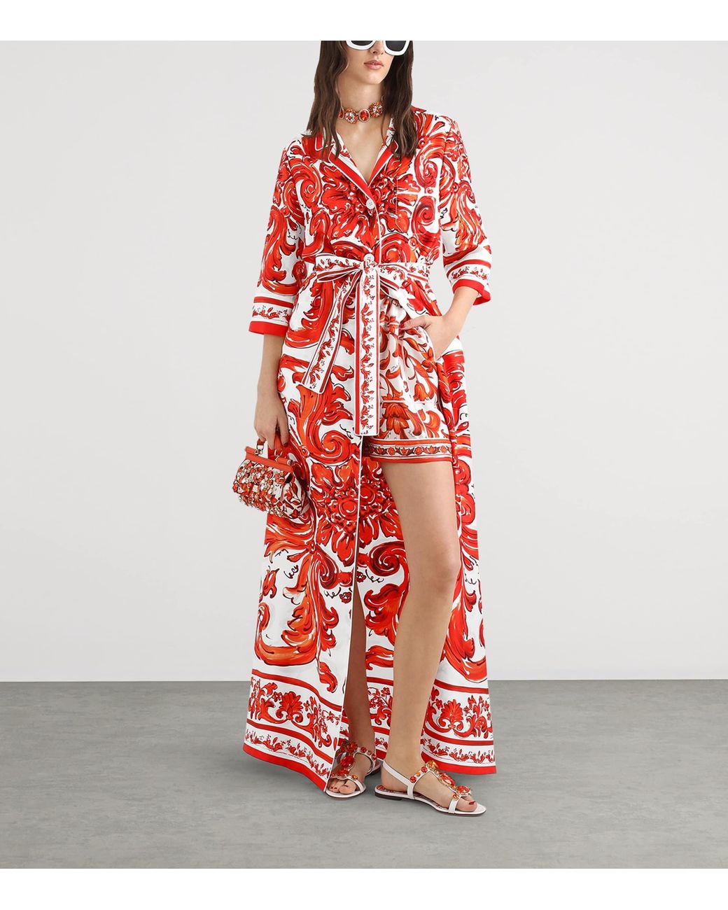Dolce & Gabbana Red Silk Majolica Print Shirt Dress