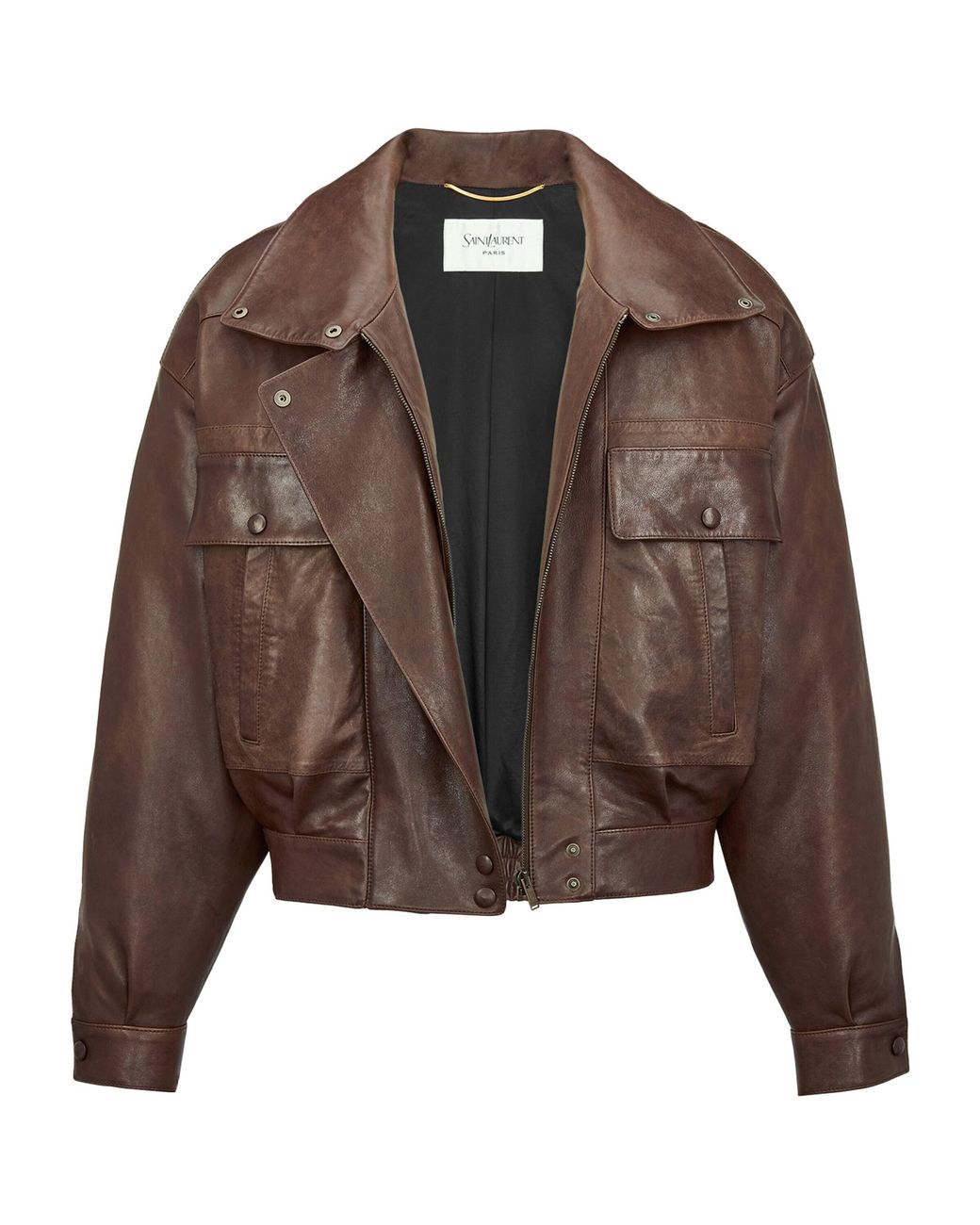 Saint Laurent Brown Leather Funnel-Neck Bomber Jacket