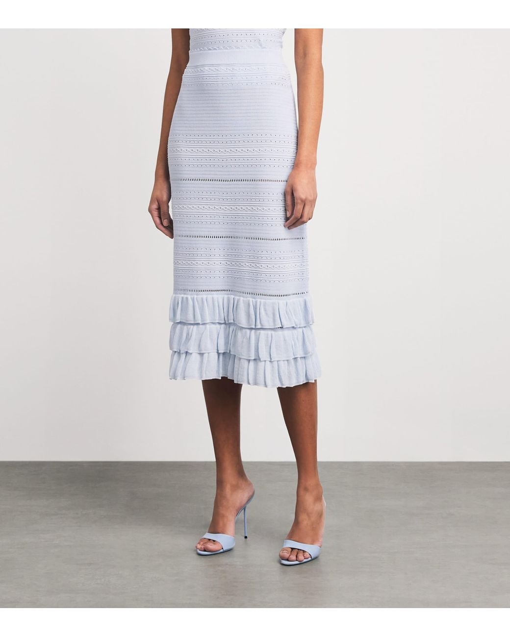 Maje White Ruffled Pointelle-Knit Midi Skirt