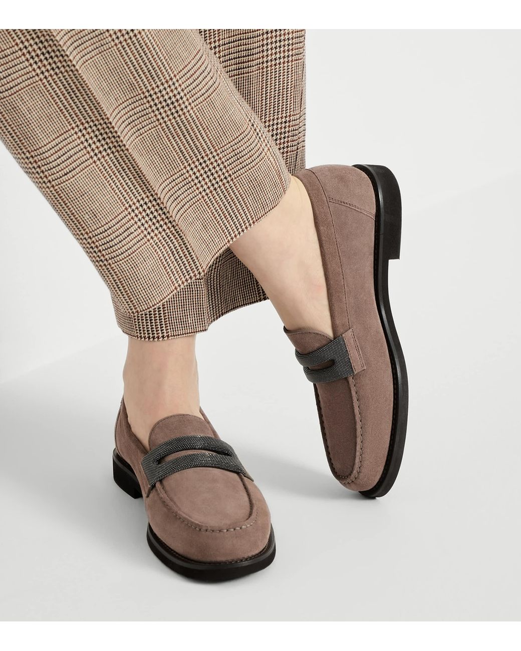 Brunello Cucinelli Brown Suede Monili-Embroidered Penny Loafers