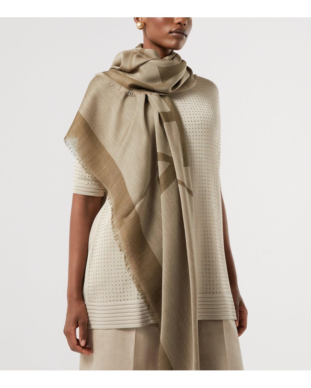 Marina Rinaldi Green Wool-Cashmere-Blend Monogram Scarf