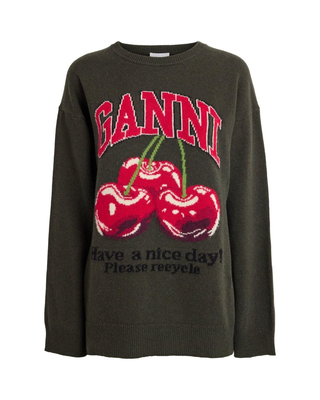 Ganni Black Wool-Blend Oversized Cherry Sweater