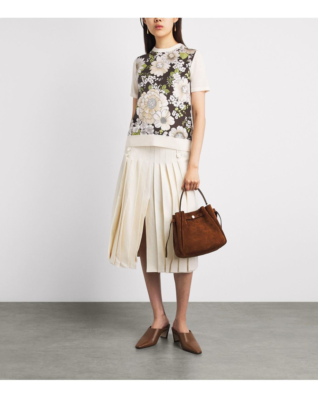 Tory Burch White Silk-Wool Floral T-Shirt