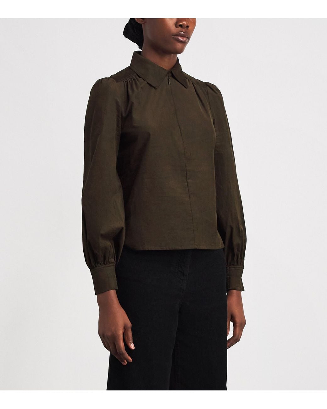ME+EM Brown Corduroy Zip-Neck Blouse