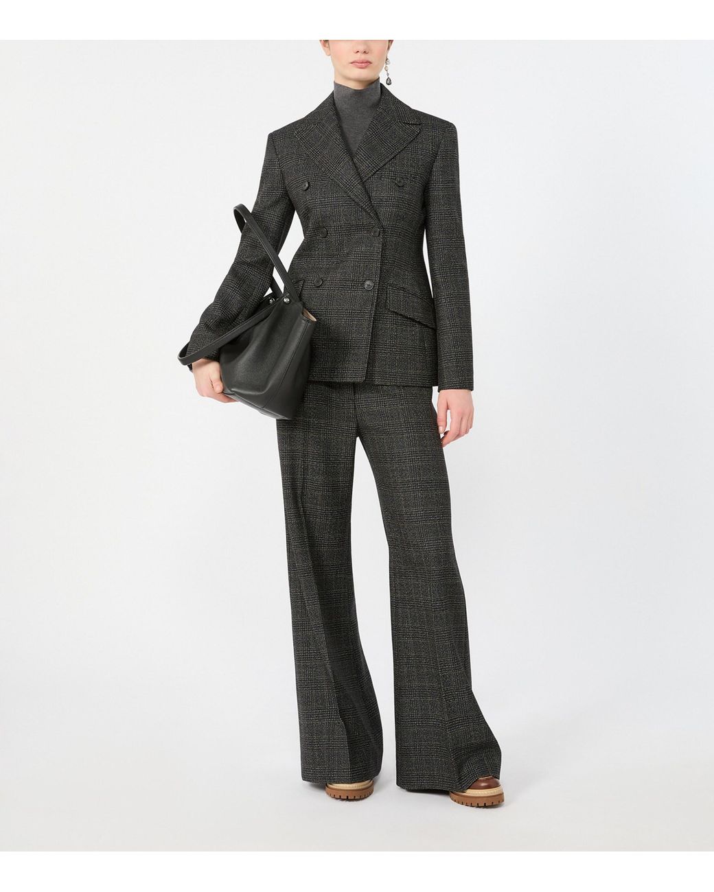 Weekend by Maxmara Gray Virgin Wool Check Flared Trousers