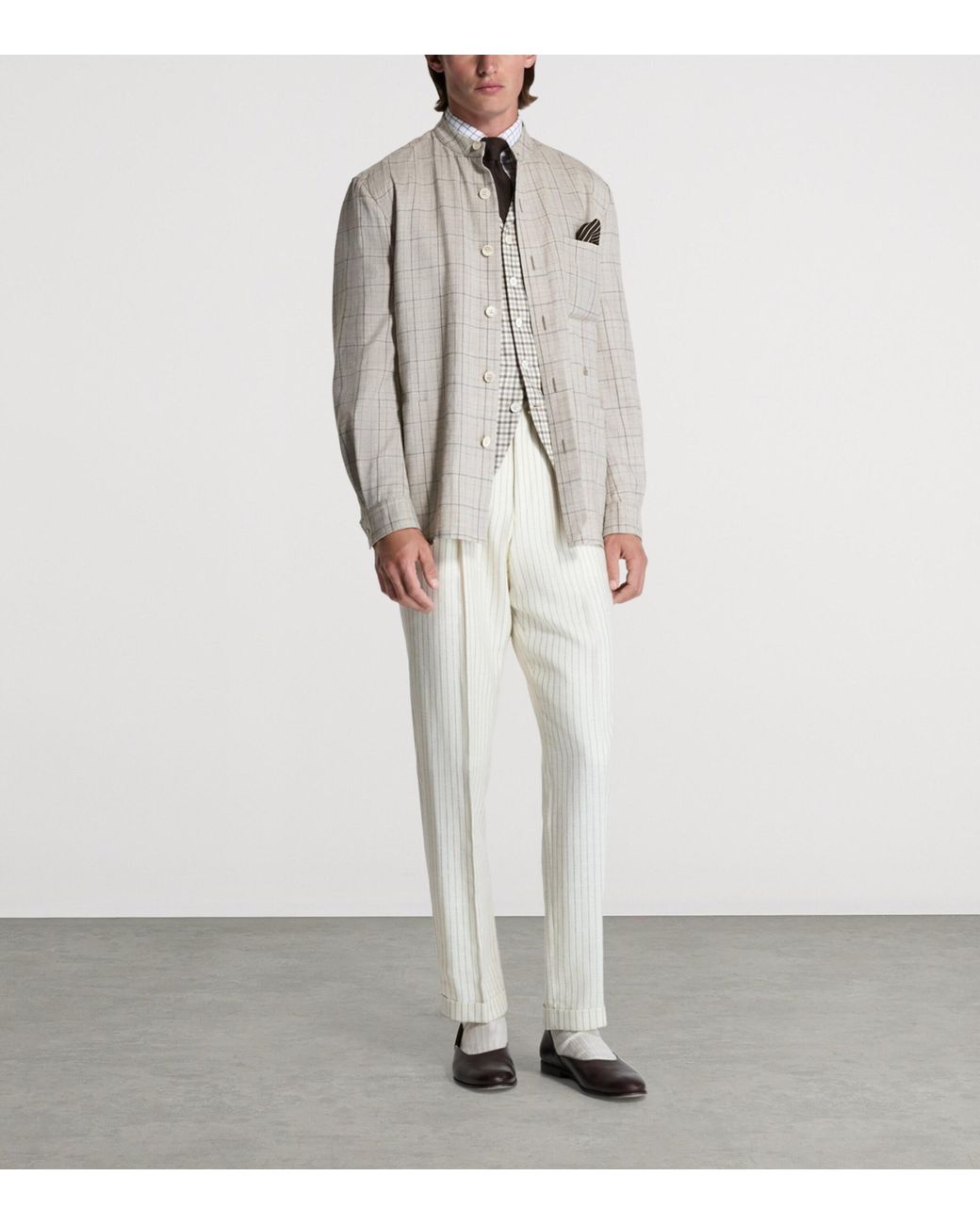 Dunhill Natural Wool-Silk-Linen Check Belted Jacket for men